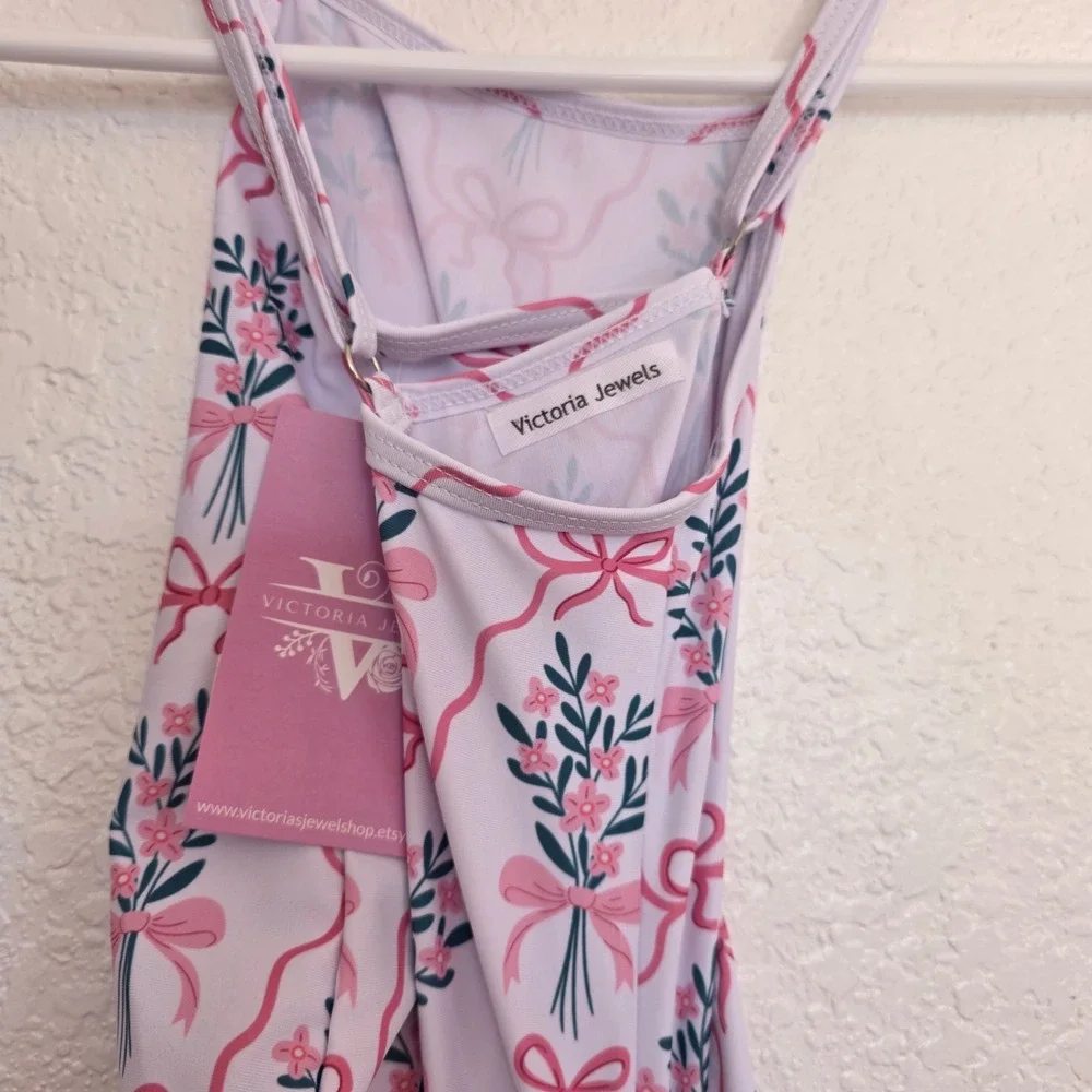 Victorias Vintage Jewels Girls Floral White One Piece Swimsuit Bow Print Size 5Y